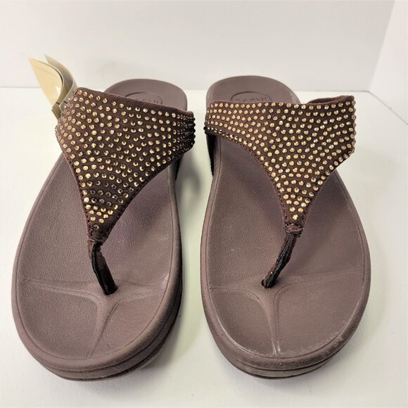 BROWN Size 8 Gold Crystal Women Sandals Wedge Heel Arch Support Comfy Flip Flops - Picture 13 of 15